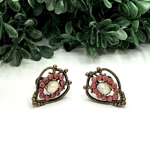 Vintage Inspired Opal and Pink Rhinestone Antique Bronze Screw back Earrings - Picture 2 of 8
